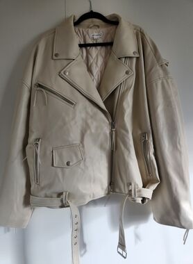Good American Faux Leather Moto Jacket Cream Quilted Belted NWT 4XL/5XL Flawed